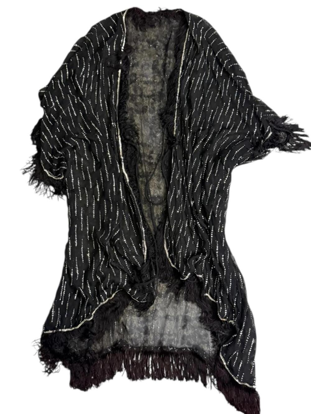 Black Beaded Fringe Kimono Jacket Large OSFM Wearable Art 90s Statement